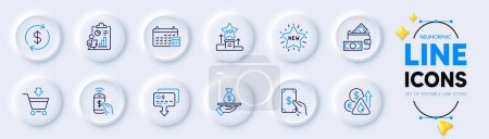 Illustration for Card, New star and Fuel price line icons for web app. Pack of Calendar, Report, Usd exchange pictogram icons. Loan, Online market, Receive money signs. Money wallet, Phone payment, Vip podium. Vector - Royalty Free Image