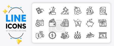 Illustration for Loan percent, Innovation and Calendar discounts line icons set for app include Analytics chart, Travel loan, Coins bag outline thin icon. Auction hammer, Debit card. Vector - Royalty Free Image