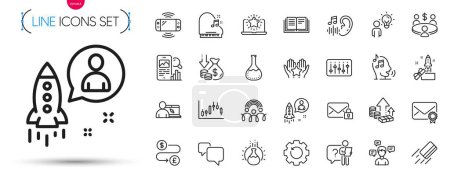 Illustration for Pack of Best laptop, Hearing and Search employee line icons. Include Online education, Conversation messages, Ranking pictogram icons. Education, Money transfer, Verified mail signs. Vector - Royalty Free Image