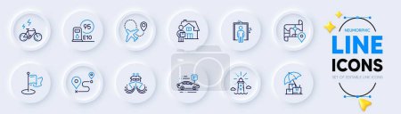 Illustration for Ship, Car parking and Airplane line icons for web app. Pack of E-bike, Delivery man, Lighthouse pictogram icons. Petrol station, Elevator, Milestone signs. Delivery insurance, Journey, Map. Vector - Royalty Free Image