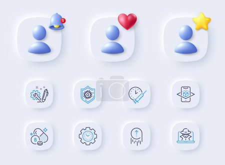 Illustration for Engineering, Swipe up and Boron mineral line icons. Placeholder with 3d bell, star, heart. Pack of Augmented reality, Vaccination schedule, Time management icon. Vector - Royalty Free Image