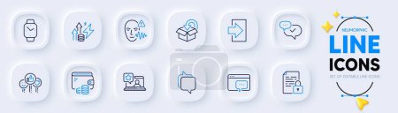 Illustration for Like, Lock and Return package line icons for web app. Pack of Energy inflation, Messenger, Voice wave pictogram icons. Approved, Online rating, Seo message signs. Smartwatch, Login, Wallet. Vector - Royalty Free Image