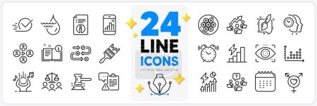 Illustration for Icons set of Manual, Time management and Graph phone line icons pack for app with Cable section, Eye detect, Judge hammer thin outline icon. Brush, Clipboard, Genders pictogram. Noise. Vector - Royalty Free Image