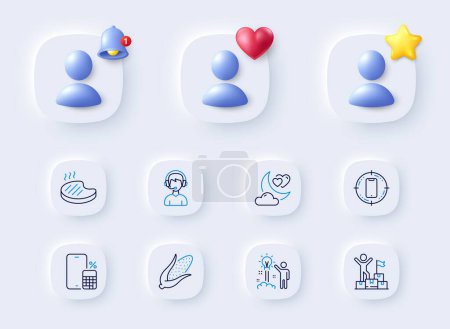 Illustration for Creative idea, Smartphone target and Phone calculator line icons. Placeholder with 3d bell, star, heart. Pack of Grilled steak, Consultant, Delivery man icon. Corn, Love night pictogram. Vector - Royalty Free Image