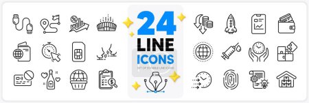 Illustration for Icons set of Medical syringe, Rocket and Loan percent line icons pack for app with Timer, Travel passport, Love champagne thin outline icon. Accounting report, Puzzle, Charging cable pictogram. Vector - Royalty Free Image
