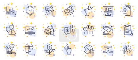 Illustration for Outline set of Energy inflation, Vip phone and Eco power line icons for web app. Include Recycle, Hourglass timer, Table lamp pictogram icons. Cloud storage, Kpi, Megaphone box signs. Vector - Royalty Free Image