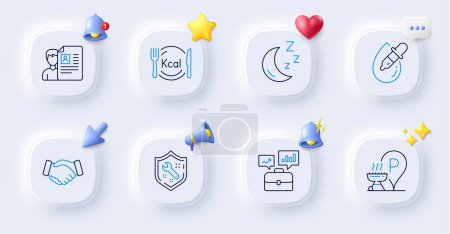 Illustration for Business portfolio, Moon and Spanner line icons. Buttons with 3d bell, chat speech, cursor. Pack of Calories, Eye drops, Job interview icon. Handshake, Grill place pictogram. Vector - Royalty Free Image