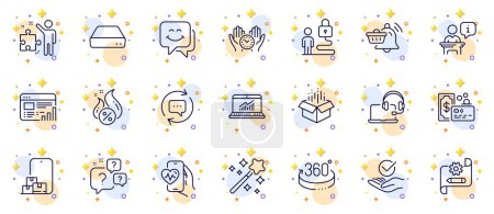Illustration for Outline set of Lock, Cardio training and Strategy line icons for web app. Include Notification cart, Safe time, Online storage pictogram icons. Consult, Web report, Approved signs. Card. Vector - Royalty Free Image