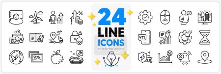 Illustration for Icons set of 5g statistics, Business results and Emergency call line icons pack for app with Car service, Photo album, Swipe up thin outline icon. Augmented reality, Customer survey. Vector - Royalty Free Image