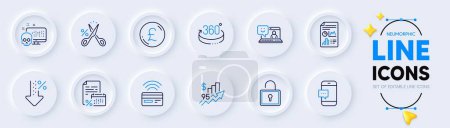Illustration for Smartphone message, Report document and Cut tax line icons for web app. Pack of Pound money, Rise price, Smile pictogram icons. 360 degrees, Contactless payment, Calendar tax signs. Lock. Vector - Royalty Free Image