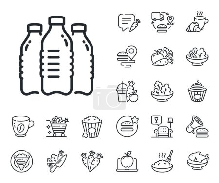 Illustration for Still aqua drink sign. Crepe, sweet popcorn and salad outline icons. Water bottles line icon. Liquid symbol. Water bottles line sign. Pasta spaghetti, fresh juice icon. Supply chain. Vector - Royalty Free Image