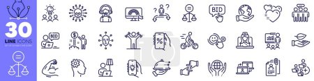 Illustration for Lgbt, Food delivery and Engineering line icons pack. Floor lamp, Business choice, Employees group web icon. Dumbbells workout, Presentation, Cyber attack pictogram. Discounts app. Vector - Royalty Free Image