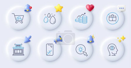 Illustration for Smartphone broken, No handbag and Growth chart line icons. Buttons with 3d bell, chat speech, cursor. Pack of Water drop, Internet shopping, Shop icon. Meditation eye, Energy pictogram. Vector - Royalty Free Image
