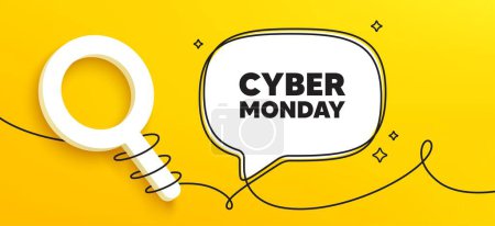 Illustration for Cyber Monday Sale tag. Continuous line chat banner. Special offer price sign. Advertising Discounts symbol. Cyber monday speech bubble message. Wrapped 3d search icon. Vector - Royalty Free Image