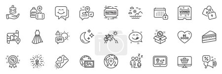 Illustration for Icons pack as Puzzle, Web photo and Sea mountains line icons for app include Pin, Calendar, Web shop outline thin icon web set. Fireworks explosion, Discounts offer, Add handbag pictogram. Vector - Royalty Free Image
