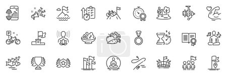 Illustration for Icons pack as Hourglass timer, Strong arm and Fishing reel line icons for app include Yoga, Winner flag, Vegetables outline thin icon web set. Timer, Yoga music, Fishing place pictogram. Vector - Royalty Free Image