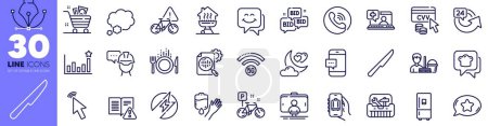 Illustration for Baggage app, Food and Home grill line icons pack. Refrigerator, Table knife, Love night web icon. Cooking hat, Efficacy, Medical help pictogram. 5g wifi, Call center, Instruction manual. Vector - Royalty Free Image