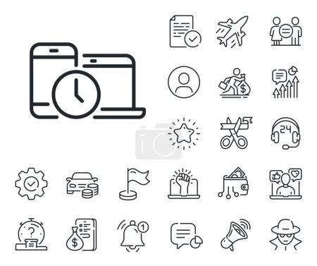 Illustration for Clock sign. Salaryman, gender equality and alert bell outline icons. Time management line icon. Mobile devices symbol. Time management line sign. Spy or profile placeholder icon. Vector - Royalty Free Image