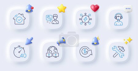 Illustration for Repair, Consultant and Power line icons. Buttons with 3d bell, chat speech, cursor. Pack of Repairman, House security, Dollar exchange icon. Video conference, Timer pictogram. Vector - Royalty Free Image
