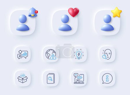 Illustration for Internet warning, Search files and Face search line icons. Placeholder with 3d bell, star, heart. Pack of Info, Inspiration, Open box icon. Phone timing, Seo statistics pictogram. Vector - Royalty Free Image