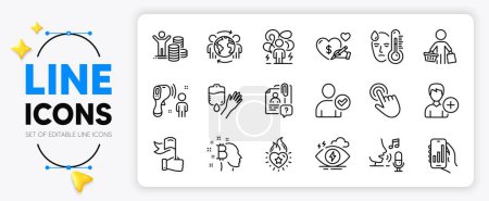 Illustration for Blood, Difficult stress and Identity confirmed line icons set for app include Budget profit, Global business, Search employee outline thin icon. Microphone, Fever, Heart flame pictogram icon. Vector - Royalty Free Image