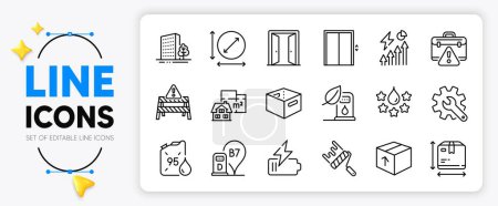 Illustration for Box size, Lift and Open door line icons set for app include Floor plan, Warning road, Package outline thin icon. Petrol canister, Buildings, Warning briefcase pictogram icon. Vector - Royalty Free Image
