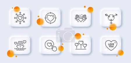 Illustration for Love heart, Heart target and Dating network line icons pack. 3d glass buttons with blurred circles. Like button, Genders, Love you web icon. Honeymoon cruise pictogram. For web app, printing. Vector - Royalty Free Image