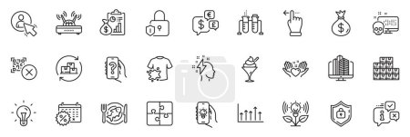Illustration for Icons pack as Puzzle, Qr code and Touchscreen gesture line icons for app include Lock, Money bag, Money currency outline thin icon web set. Electric app, Dirty t-shirt, Cyber attack pictogram. Vector - Royalty Free Image