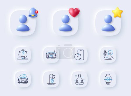 Illustration for Quiz, Flag and Arena stadium line icons. Placeholder with 3d bell, star, heart. Pack of Cardio training, Yoga, Timer app icon. Arena, Fishing place pictogram. For web app, printing. Vector - Royalty Free Image