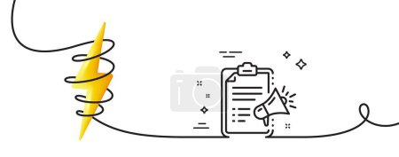 Illustration for Megaphone checklist line icon. Continuous one line with curl. Advertisement device symbol. Brand ambassador sign. Megaphone checklist single outline ribbon. Loop curve with energy. Vector - Royalty Free Image
