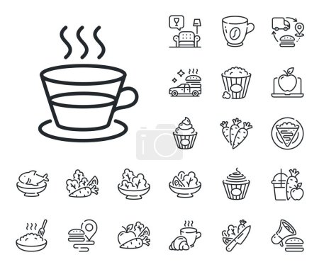 Illustration for Hot drink sign. Crepe, sweet popcorn and salad outline icons. Coffee and Tea line icon. Fresh beverage symbol. Coffee cup line sign. Pasta spaghetti, fresh juice icon. Supply chain. Vector - Royalty Free Image