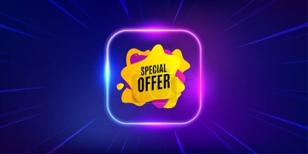 Illustration for Special offer liquid shape. Neon light frame offer banner. Discount sticker banner. Sale coupon icon. Special offer promo event flyer, poster. Sunburst neon coupon. Flash special deal. Vector - Royalty Free Image