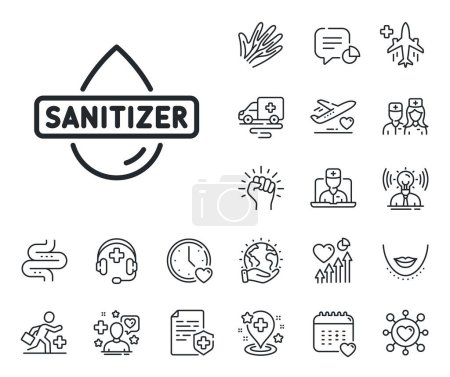 Illustration for Sanitary cleaning sign. Online doctor, patient and medicine outline icons. Hand sanitizer line icon. Washing hands symbol. Hand sanitizer line sign. Veins, nerves and cosmetic procedure icon. Vector - Royalty Free Image