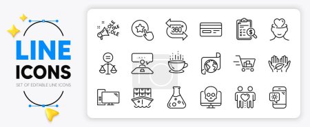 Illustration for Loyalty star, Credit card and Cyber attack line icons set for app include Ole chant, Chemistry lab, Computer outline thin icon. Ethics, Accounting report, Fair trade pictogram icon. Vector - Royalty Free Image
