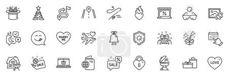 Illustration for Icons pack as Fishing rod, Heart flame and Grill line icons for app include Home grill, Hat-trick, Honeymoon travel outline thin icon web set. Love, Journey, Sunglasses pictogram. Vector - Royalty Free Image