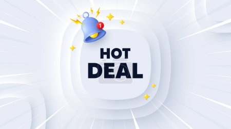 Illustration for Hot deal tag. Neumorphic banner with sunburst. Special offer price sign. Advertising discounts symbol. Hot deal message. Banner with 3d reminder bell. Circular neumorphic template. Vector - Royalty Free Image