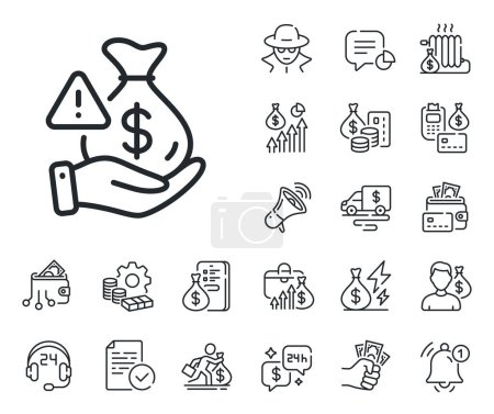 Illustration for Money fraud crime sign. Cash money, loan and mortgage outline icons. Bribe line icon. Cash scam symbol. Bribe line sign. Credit card, crypto wallet icon. Inflation, job salary. Vector - Royalty Free Image