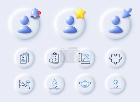 Illustration for Medical mask, Seo analysis and Sun protection line icons. Placeholder with 3d cursor, bell, star. Pack of Inspect, Waterproof, Attached info icon. Puzzle, Square area pictogram. Vector - Royalty Free Image