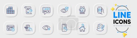 Illustration for Report, Smartphone repair and Home line icons for web app. Pack of Locked app, Survey, Web timer pictogram icons. Education, Farsightedness, Wholesale inventory signs. Pillow, Check eye. Vector - Royalty Free Image