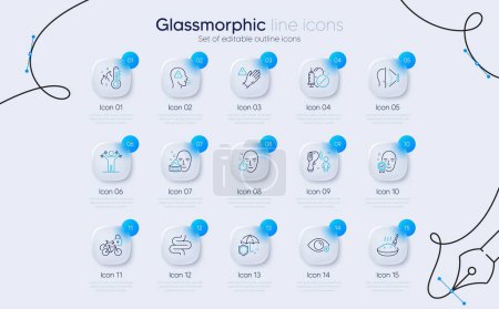 Illustration for Set of Healthy face, High thermometer and Intestine line icons for web app. Face id, Porridge, Medical drugs icons. Bicycle lockers, Dumbbells workout, Farsightedness signs. Use gloves. Vector - Royalty Free Image