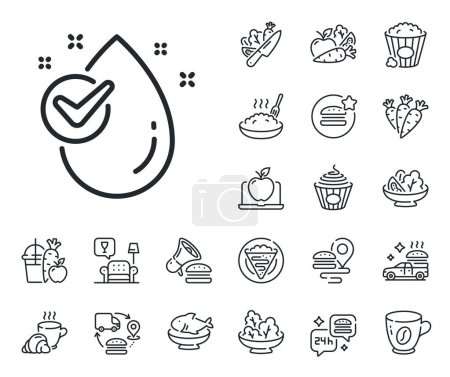 Illustration for Clean aqua with check sign. Crepe, sweet popcorn and salad outline icons. Water drop line icon. Liquid symbol. Water drop line sign. Pasta spaghetti, fresh juice icon. Supply chain. Vector - Royalty Free Image