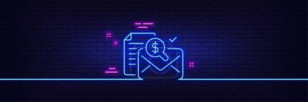 Illustration for Neon light glow effect. Accounting report line icon. Audit sign. Check finance symbol. 3d line neon glow icon. Brick wall banner. Accounting report outline. Vector - Royalty Free Image