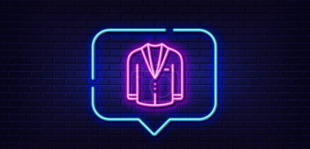 Illustration for Neon light speech bubble. Suit line icon. Menswear clothing sign. Business wear symbol. Neon light background. Suit glow line. Brick wall banner. Vector - Royalty Free Image
