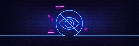 Illustration for Neon light glow effect. No eye line icon. Not looking sign. Optometry vision care symbol. 3d line neon glow icon. Brick wall banner. Not looking outline. Vector - Royalty Free Image