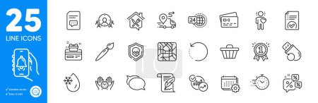 Illustration for Outline icons set. Comments, Calendar and Friend icons. Recovery data, Brush, Card web elements. Timer, Flash memory, Food delivery signs. Bell alert, Feather, Cyber attack. Statistics. Vector - Royalty Free Image