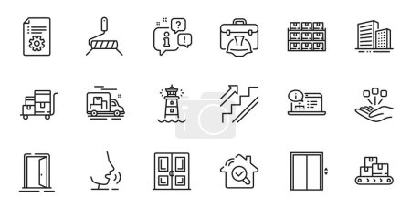 Illustration for Outline set of Stairs, Inspect and Wholesale goods line icons for web application. Talk, information, delivery truck outline icon. Include Online documentation, Lighthouse, Consolidation icons. Vector - Royalty Free Image