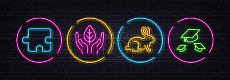 Illustration for Puzzle, Fair trade and Animal tested minimal line icons. Neon laser 3d lights. Throw hats icons. For web, application, printing. Puzzle piece, Safe nature, Bio product. College graduation. Vector - Royalty Free Image