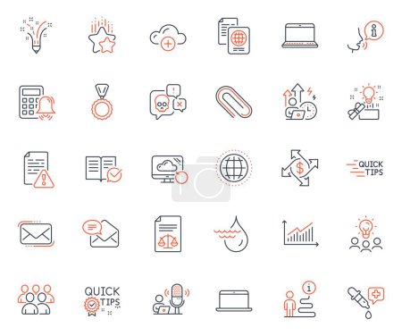 Illustration for Education icons set. Included icon as Notebook, Instruction manual and Messenger mail web elements. Difficult stress, Legal documents, Creative idea icons. Paper clip, Laptop. Vector - Royalty Free Image