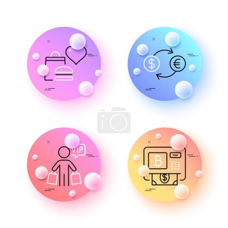Illustration for Currency exchange, Bitcoin atm and Food donation minimal line icons. 3d spheres or balls buttons. Vip shopping icons. For web, application, printing. Vector - Royalty Free Image