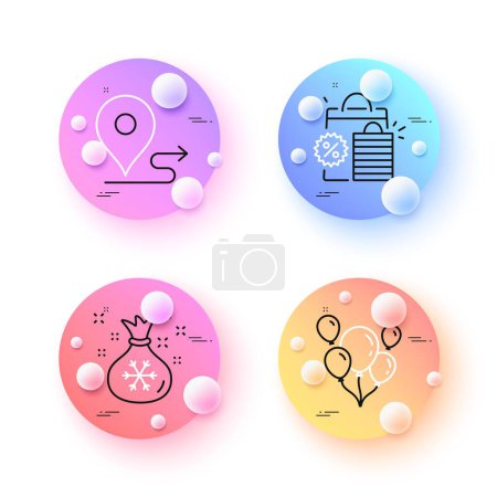 Illustration for Santa sack, Balloons and Journey minimal line icons. 3d spheres or balls buttons. Shopping bags icons. For web, application, printing. Gifts bag, Air balloons, Trip distance. Sale discount. Vector - Royalty Free Image
